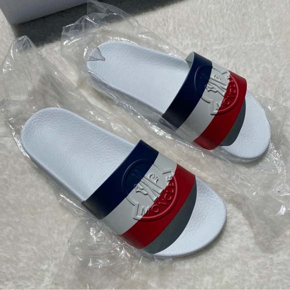 NEW MONCLER Basile Logo Embossed Striped Rubber Slides Sz 7 - Picture 13 of 16